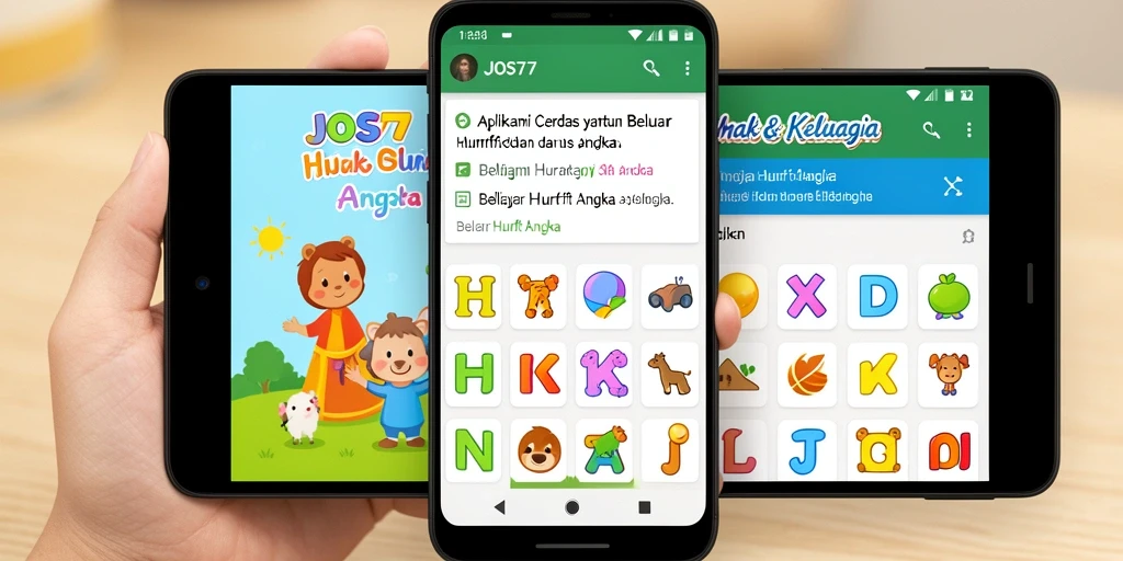 Tampilan antarmuka aplikasi JOS77 untuk belajar huruf dan angka.