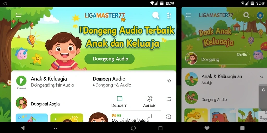 Tampilan antarmuka LIGAMASTER77 dengan fitur Dongeng Audio yang menarik.