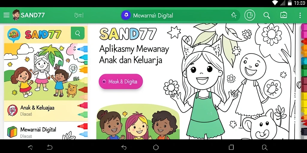 Tampilan antarmuka SAND77 yang ramah anak untuk mewarnai digital.
