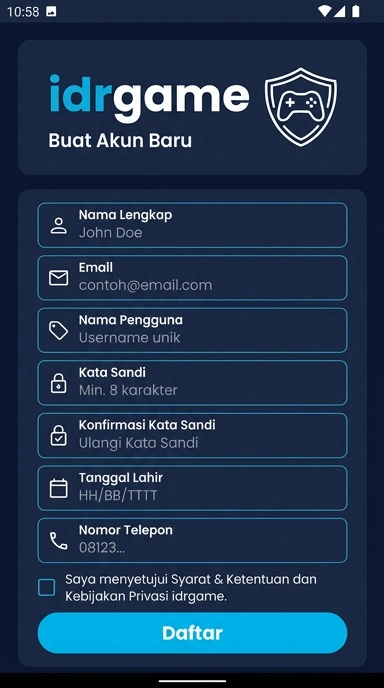 Tampilan halaman daftar idrgame